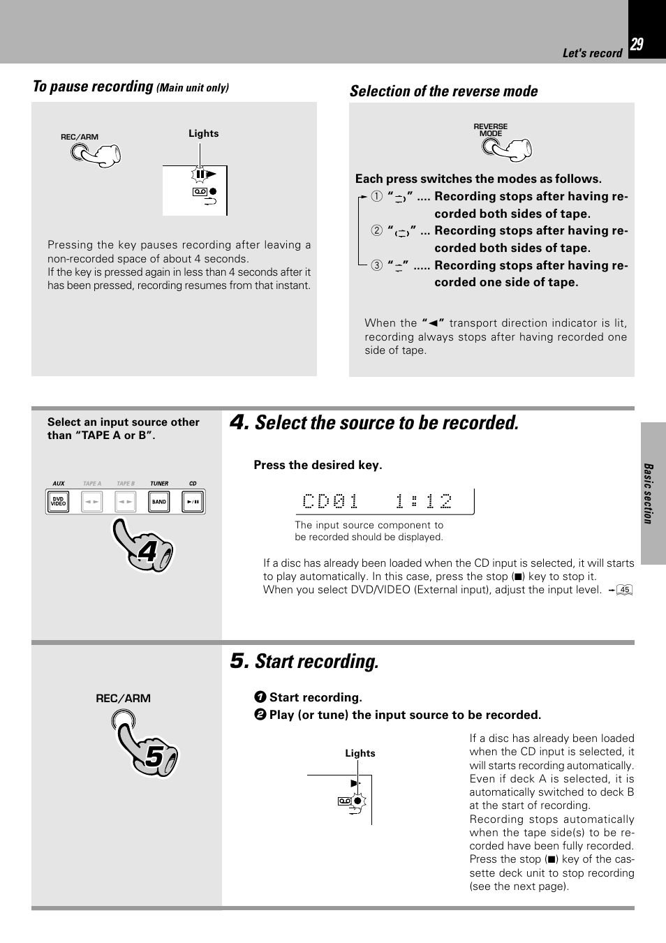 Select the source to be recorded, Start recording, Selection of the reverse mode | Kenwood XD-753 User Manual | Page 29 / 60