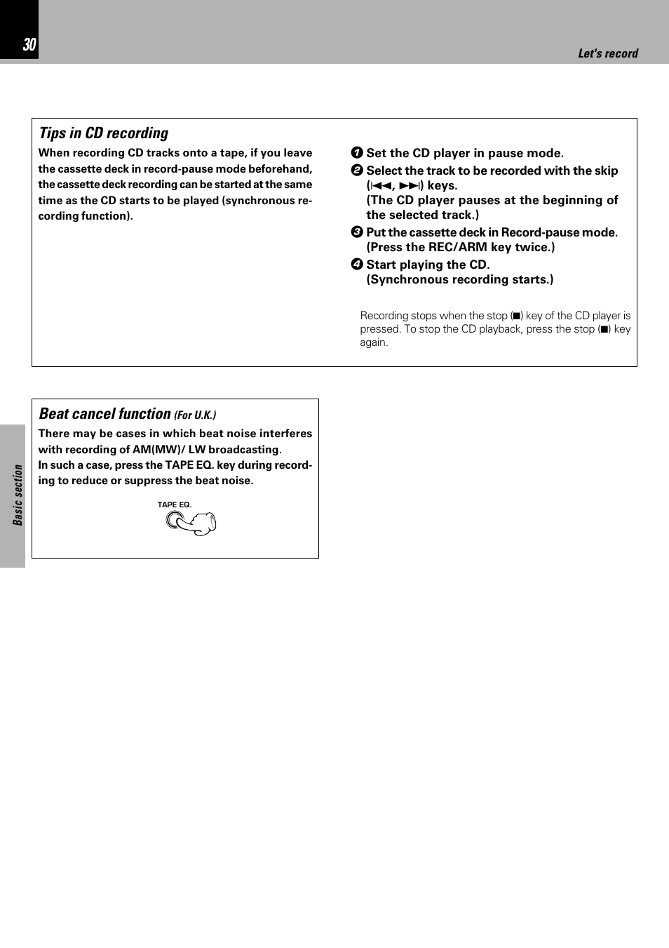 Tips in cd recording, Beat cancel function | Kenwood XD-753 User Manual | Page 30 / 60