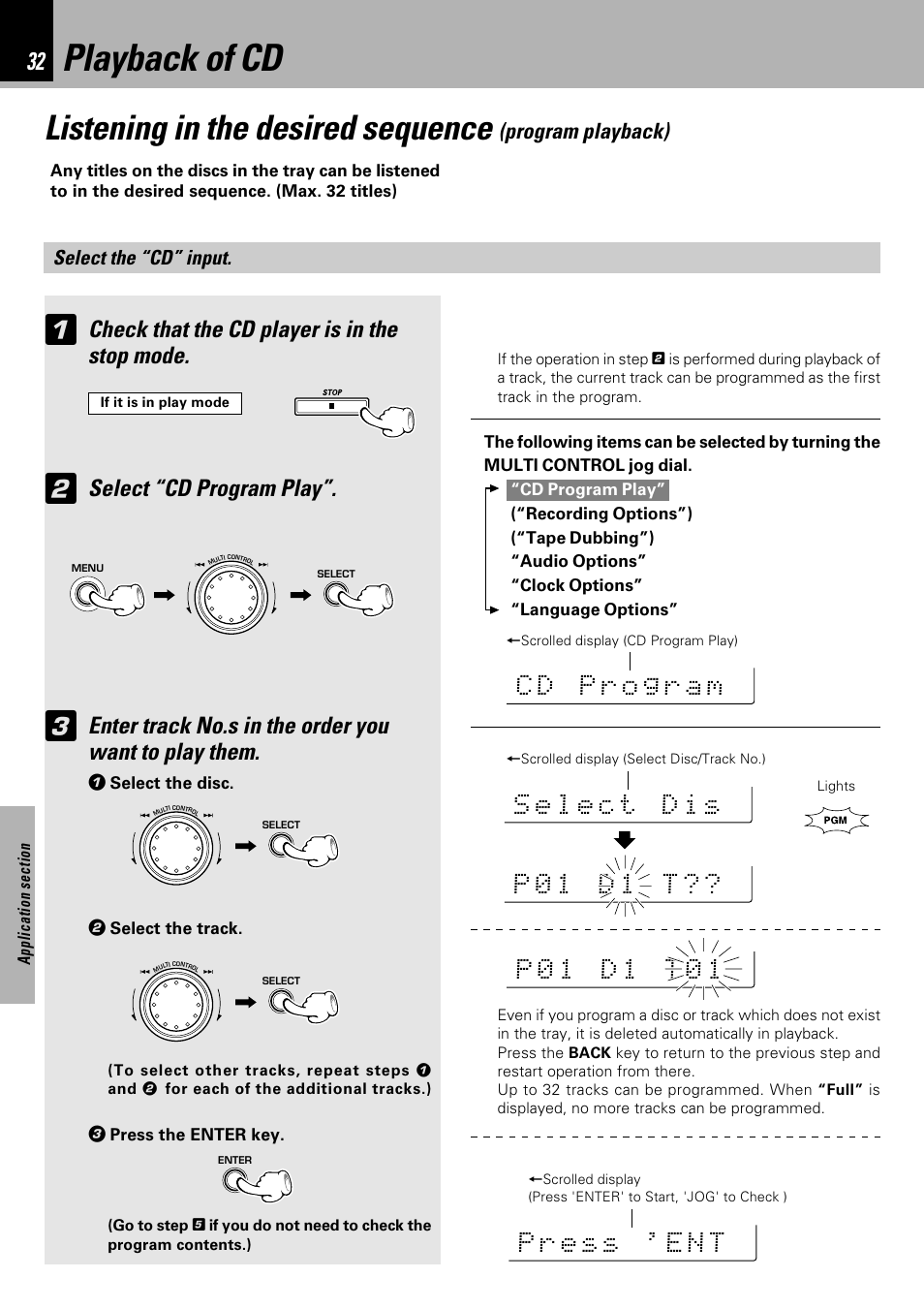 Playback of cd, Listening in the desired sequence, Check that the cd player is in the stop mode | Select “cd program play | Kenwood XD-753 User Manual | Page 32 / 60