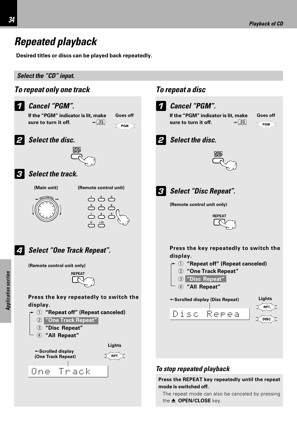 Repeated playback, Cancel “pgm, Select the disc | Select the track, Select “one track repeat, Select “disc repeat | Kenwood XD-753 User Manual | Page 34 / 60