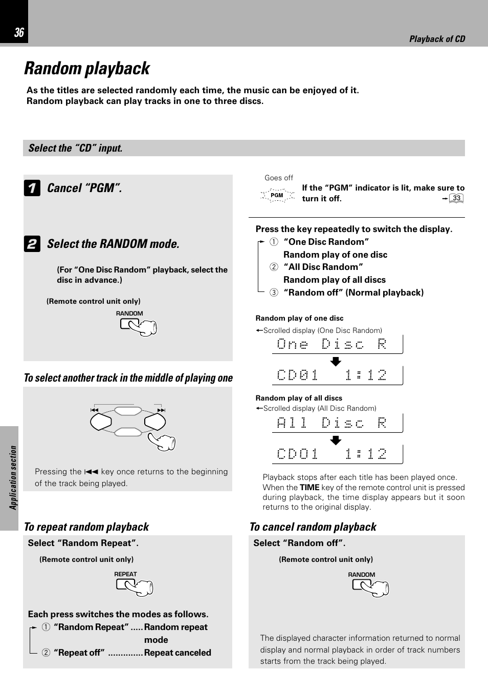 Random playback, Cancel “pgm, Select the random mode | Kenwood XD-753 User Manual | Page 36 / 60