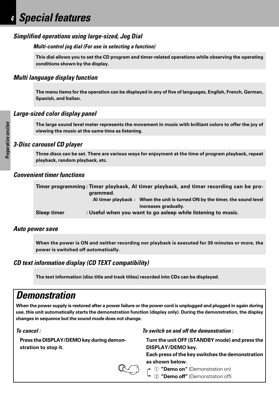 Special features, Demonstration, Disc carousel cd player | Convenient timer functions auto power save, Multi language display function | Kenwood XD-753 User Manual | Page 4 / 60