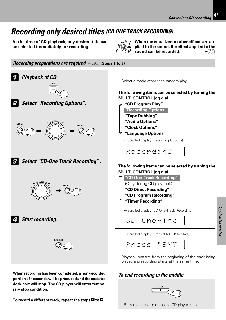 Recording only desired titles, Playback of cd, Select “recording options | Select “cd-one track recording, Start recording, Cd one track recording) | Kenwood XD-753 User Manual | Page 41 / 60