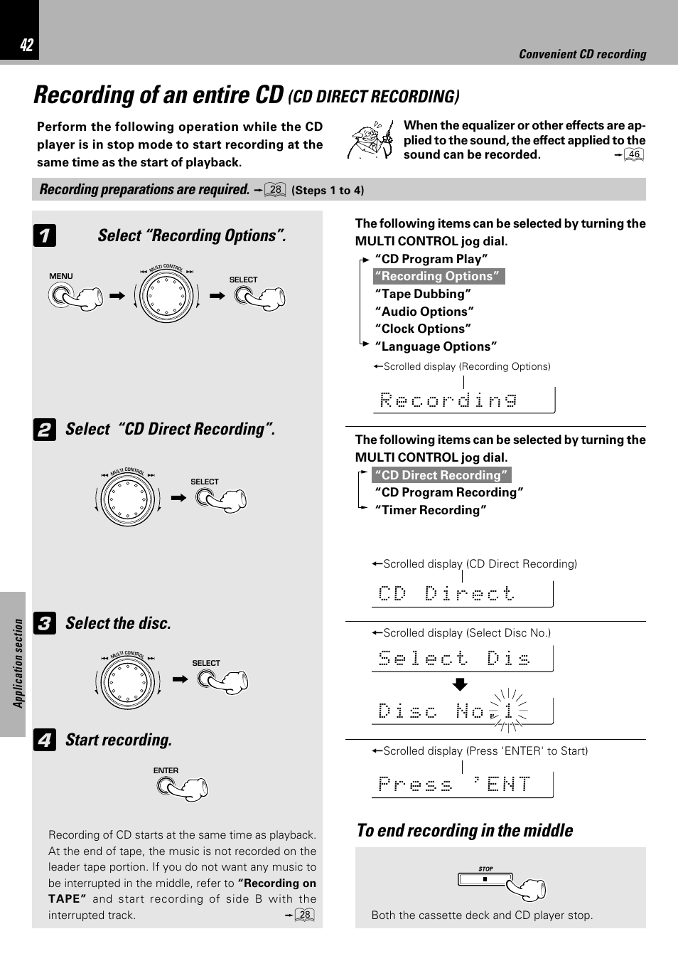 Recording of an entire cd (cd direct recording), Recording of an entire cd, Select “recording options | Select “cd direct recording, Select the disc, Start recording, Cd direct recording) | Kenwood XD-753 User Manual | Page 42 / 60