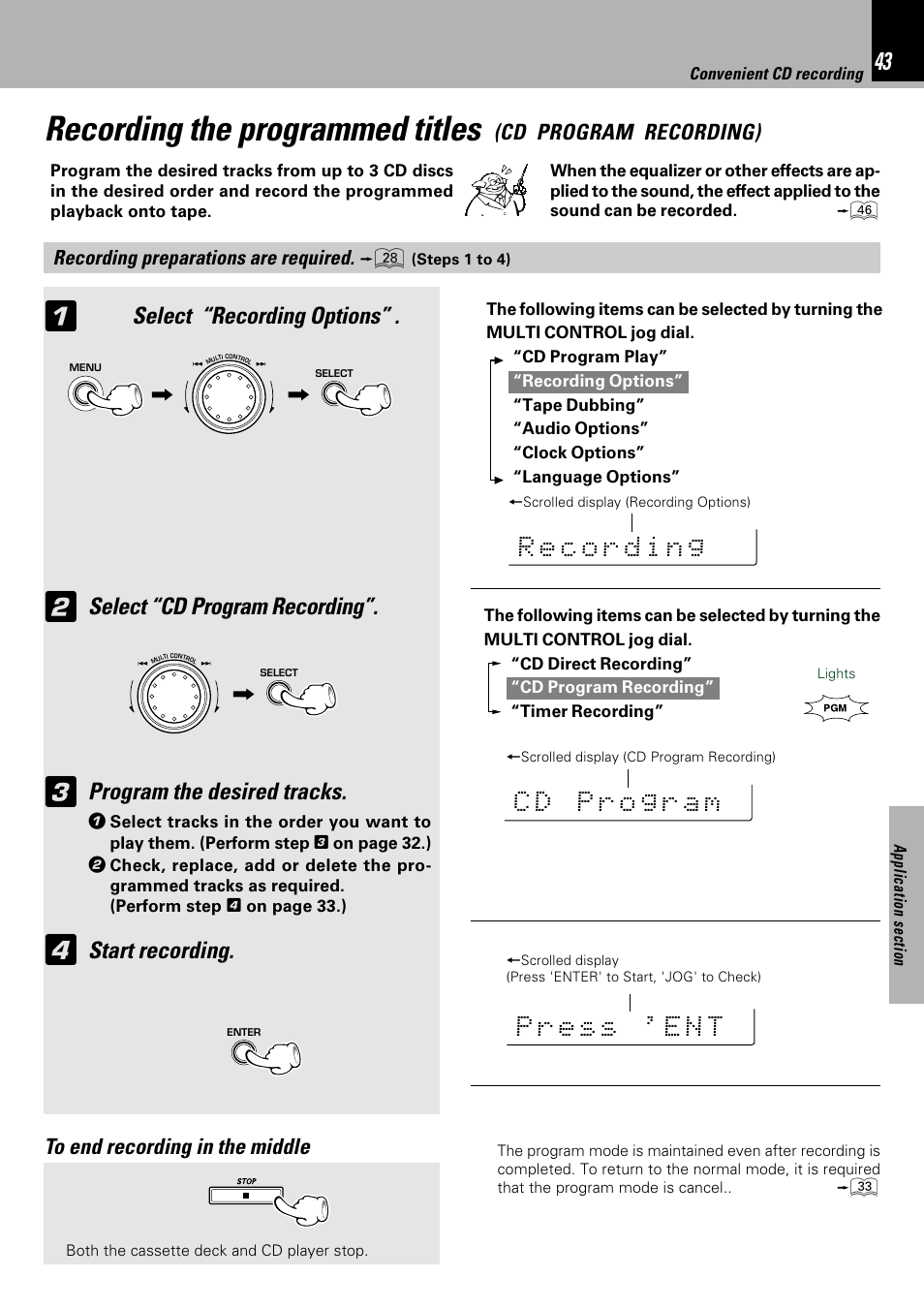 Recording the programmed titles, Select “recording options, Select “cd program recording | Program the desired tracks, Start recording | Kenwood XD-753 User Manual | Page 43 / 60