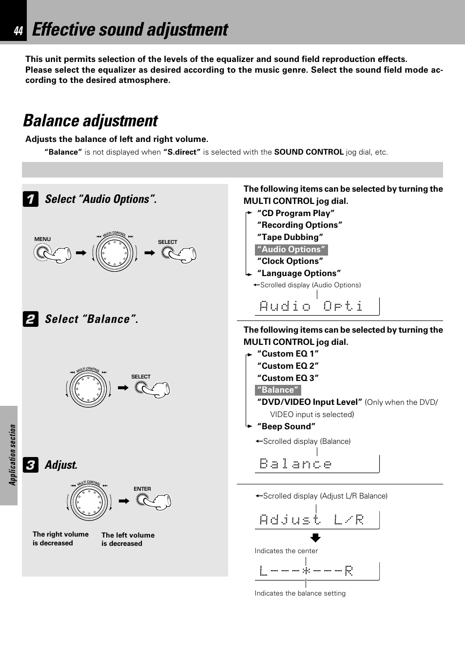 Effective sound adjustment, Balance adjustment, Select “audio options | Select “balance, Adjust | Kenwood XD-753 User Manual | Page 44 / 60