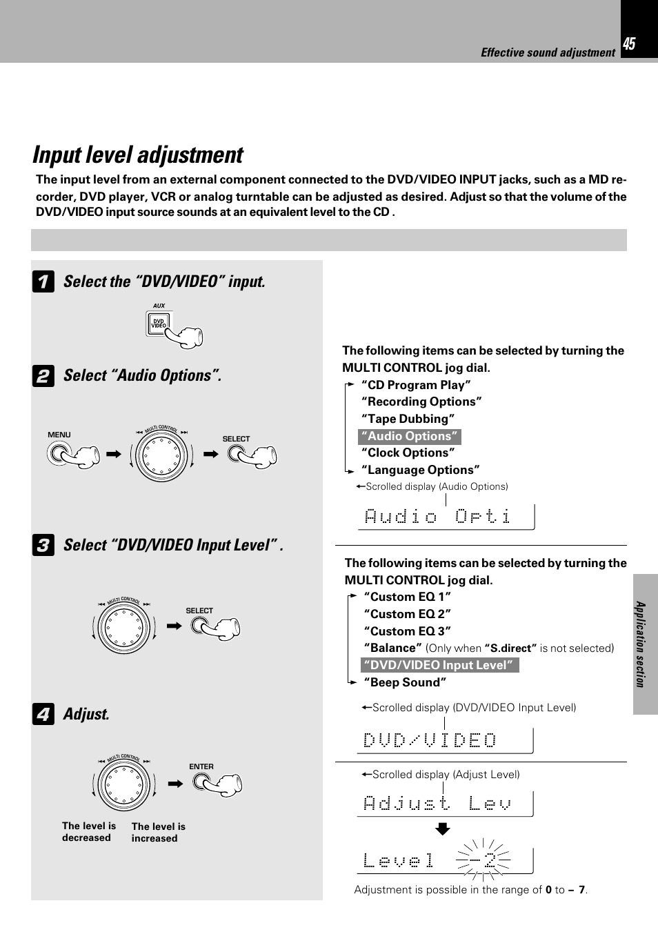 Input level adjustment, Select the “dvd/video” input, Select “audio options | Select “dvd/video input level, Adjust | Kenwood XD-753 User Manual | Page 45 / 60