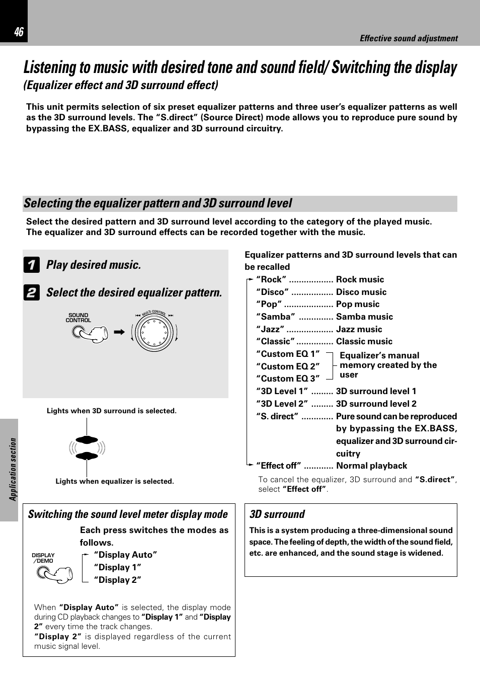 Equalizer effect and 3d surround effect), Play desired music, Select the desired equalizer pattern | 3d surround, Switching the sound level meter display mode | Kenwood XD-753 User Manual | Page 46 / 60