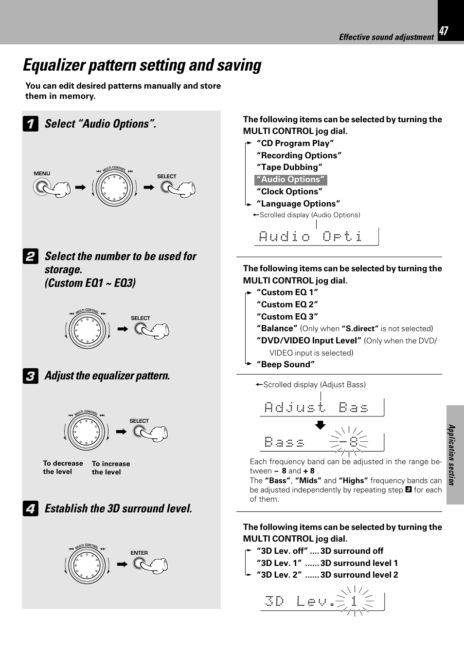 Equalizer pattern setting and saving, Select “audio options, Adjust the equalizer pattern | Establish the 3d surround level | Kenwood XD-753 User Manual | Page 47 / 60