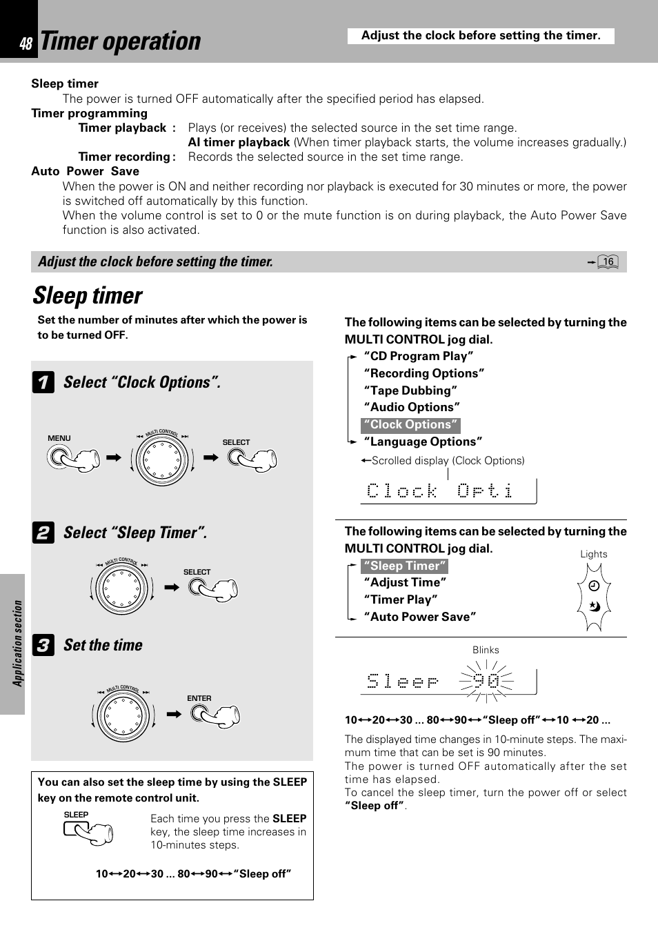 Timer operation, Sleep timer, Select “clock options | Select “sleep timer, Set the time | Kenwood XD-753 User Manual | Page 48 / 60