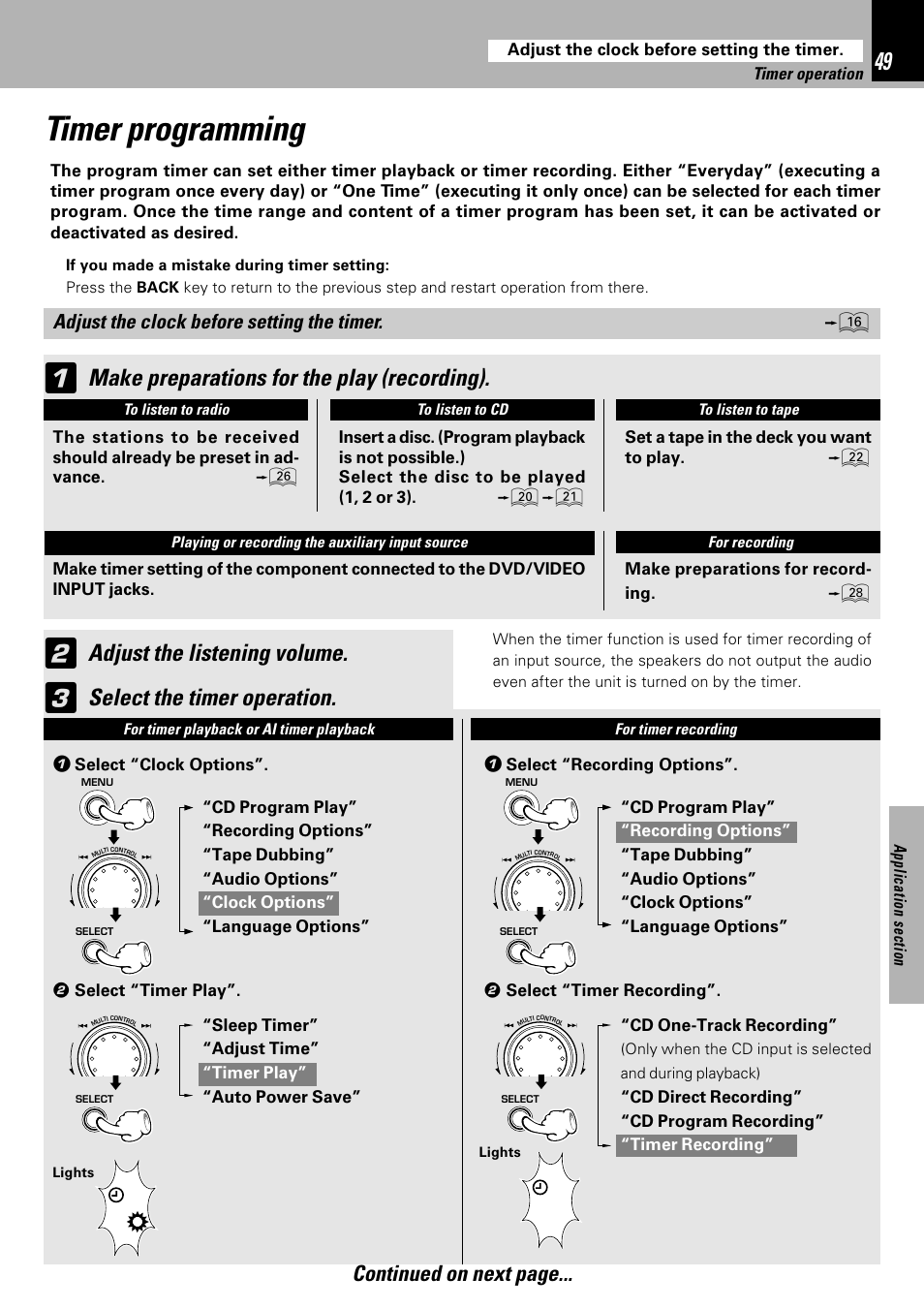 Timer programming, Make preparations for the play (recording), Select the timer operation | Adjust the listening volume, Continued on next page, Adjust the clock before setting the timer | Kenwood XD-753 User Manual | Page 49 / 60