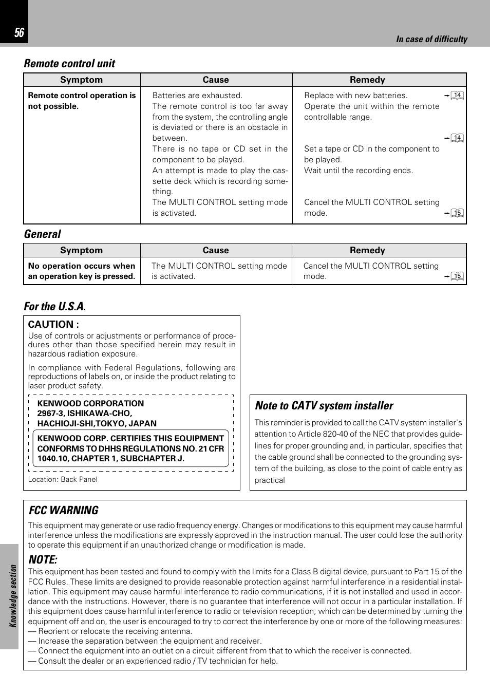 General, Remote control unit, For the u.s.a | Kenwood XD-753 User Manual | Page 56 / 60