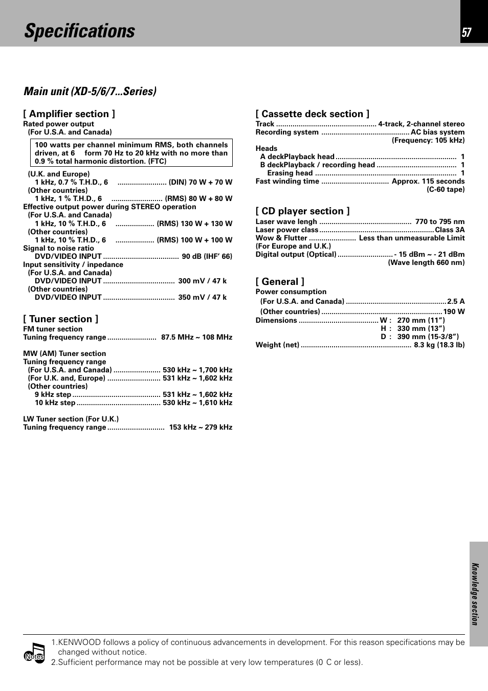 Specifications, Main unit (xd-5/6/7...series), General | Kenwood XD-753 User Manual | Page 57 / 60