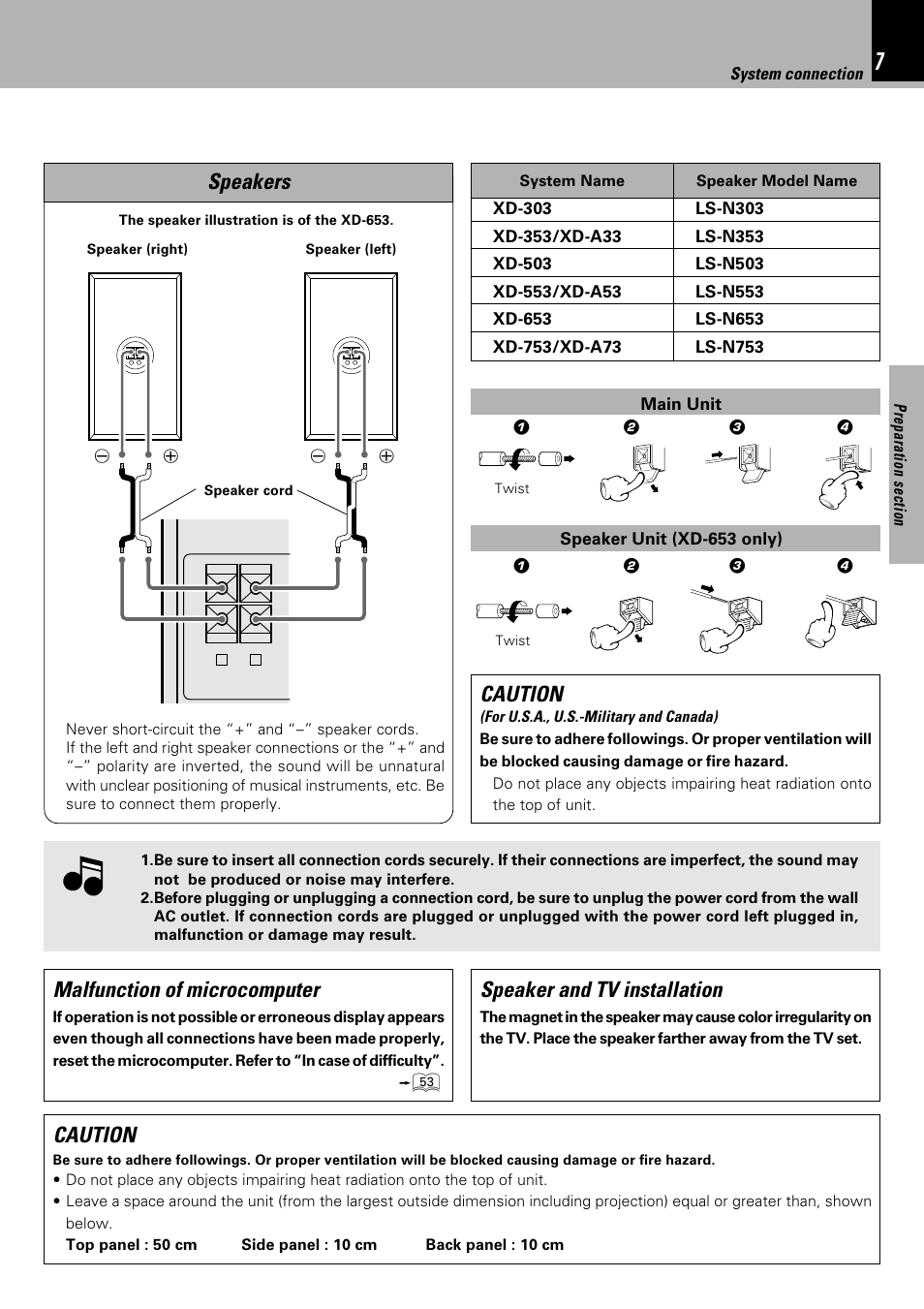 Malfunction of microcomputer, Speakers, Caution speaker and tv installation | Caution | Kenwood XD-753 User Manual | Page 7 / 60