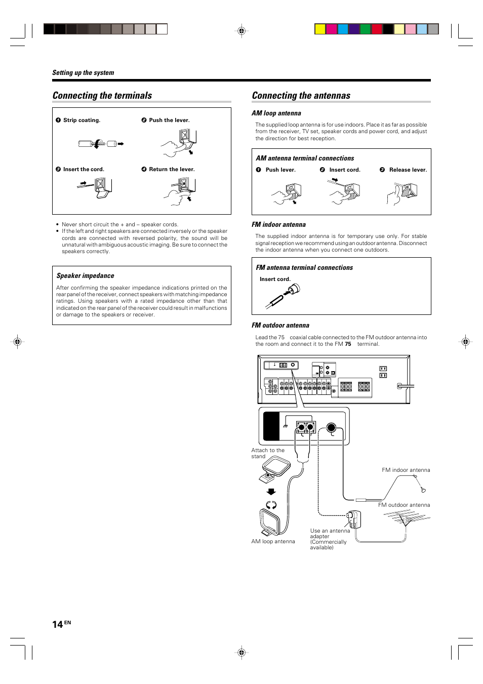 Connecting the terminals, Connecting the antennas, Setting up the system | Speaker impedance, Am loop antenna, Fm indoor antenna, Fm outdoor antenna, Am antenna terminal connections, Fm antenna terminal connections | Kenwood KRF-V4070D User Manual | Page 14 / 32