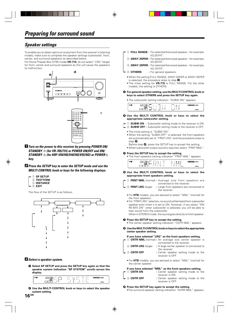 Preparing for surround sound, Speaker settings | Kenwood KRF-V4070D User Manual | Page 16 / 32