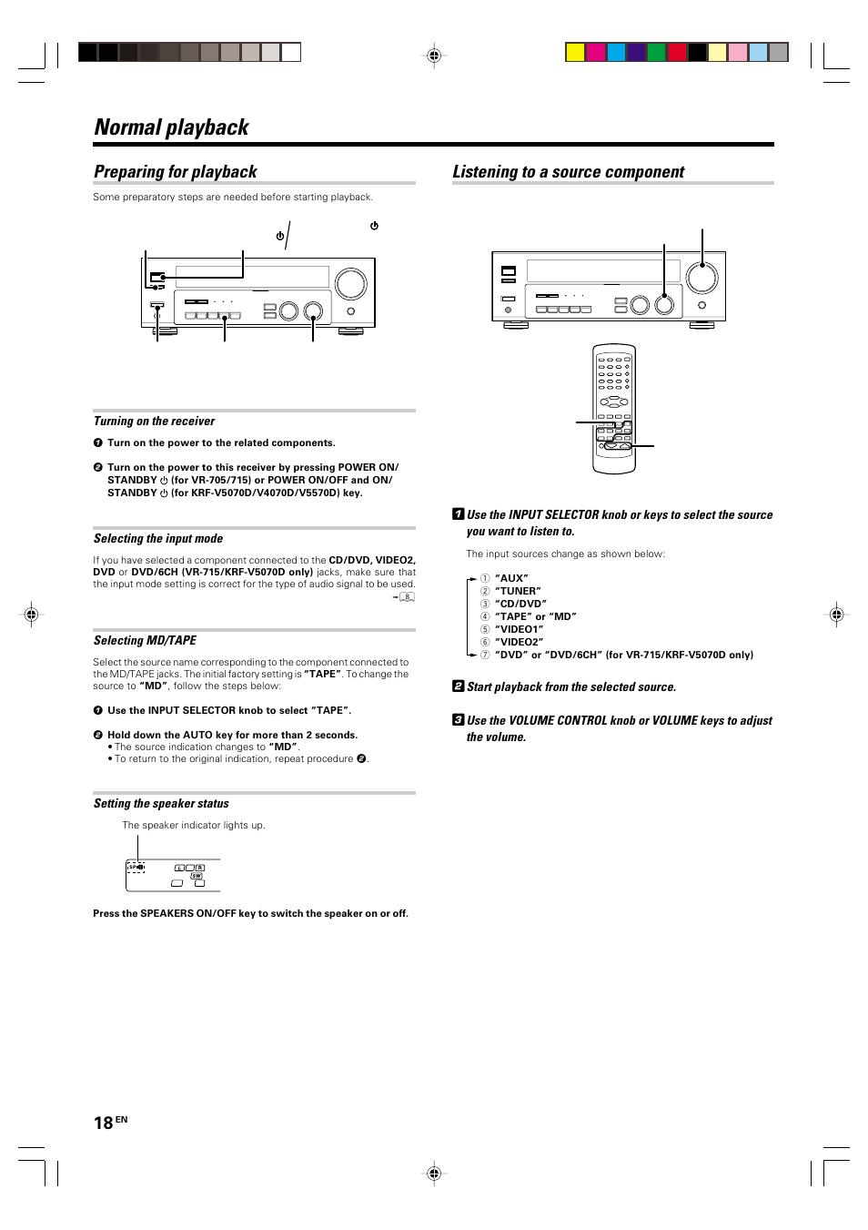 Operations, Normal playback, Listening to a source component | Preparing for playback | Kenwood KRF-V4070D User Manual | Page 18 / 32