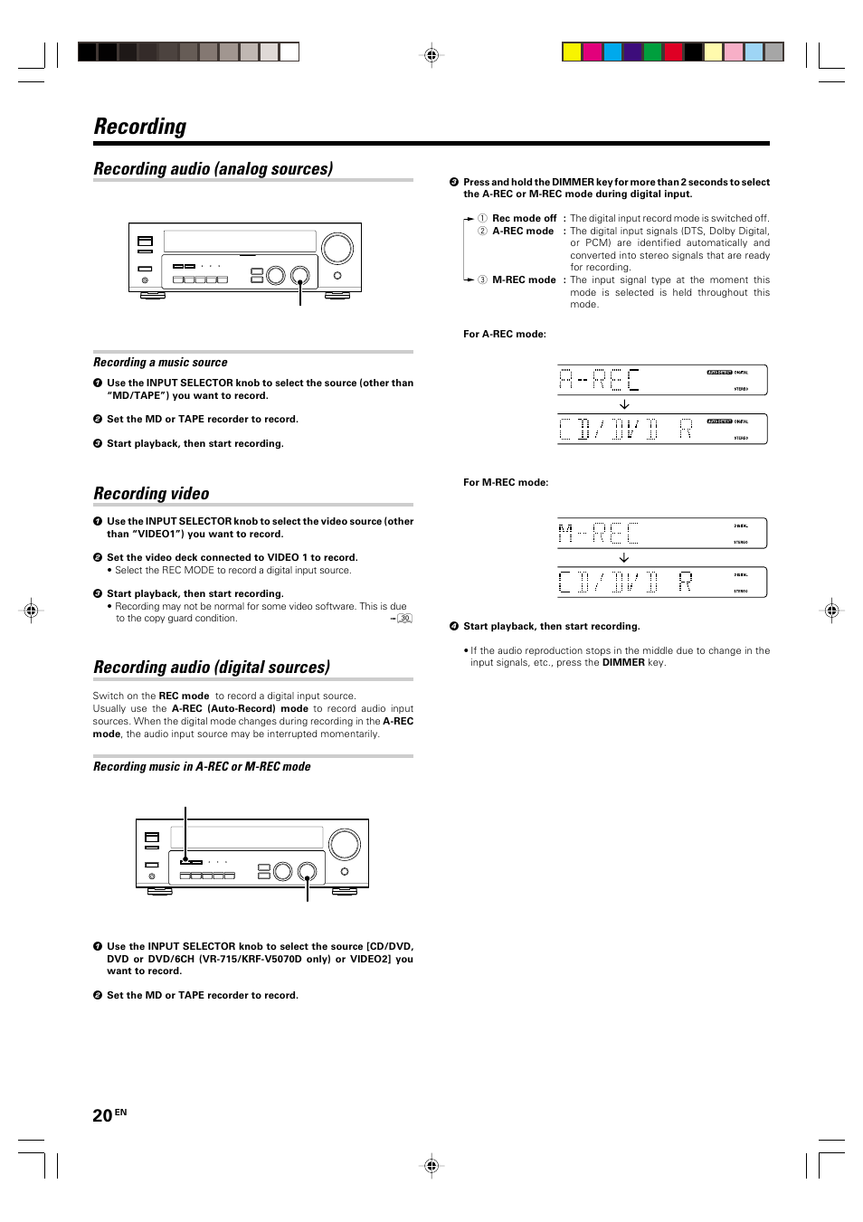 Recording, Recording audio (analog sources), Recording video | Recording audio (digital sources) | Kenwood KRF-V4070D User Manual | Page 20 / 32