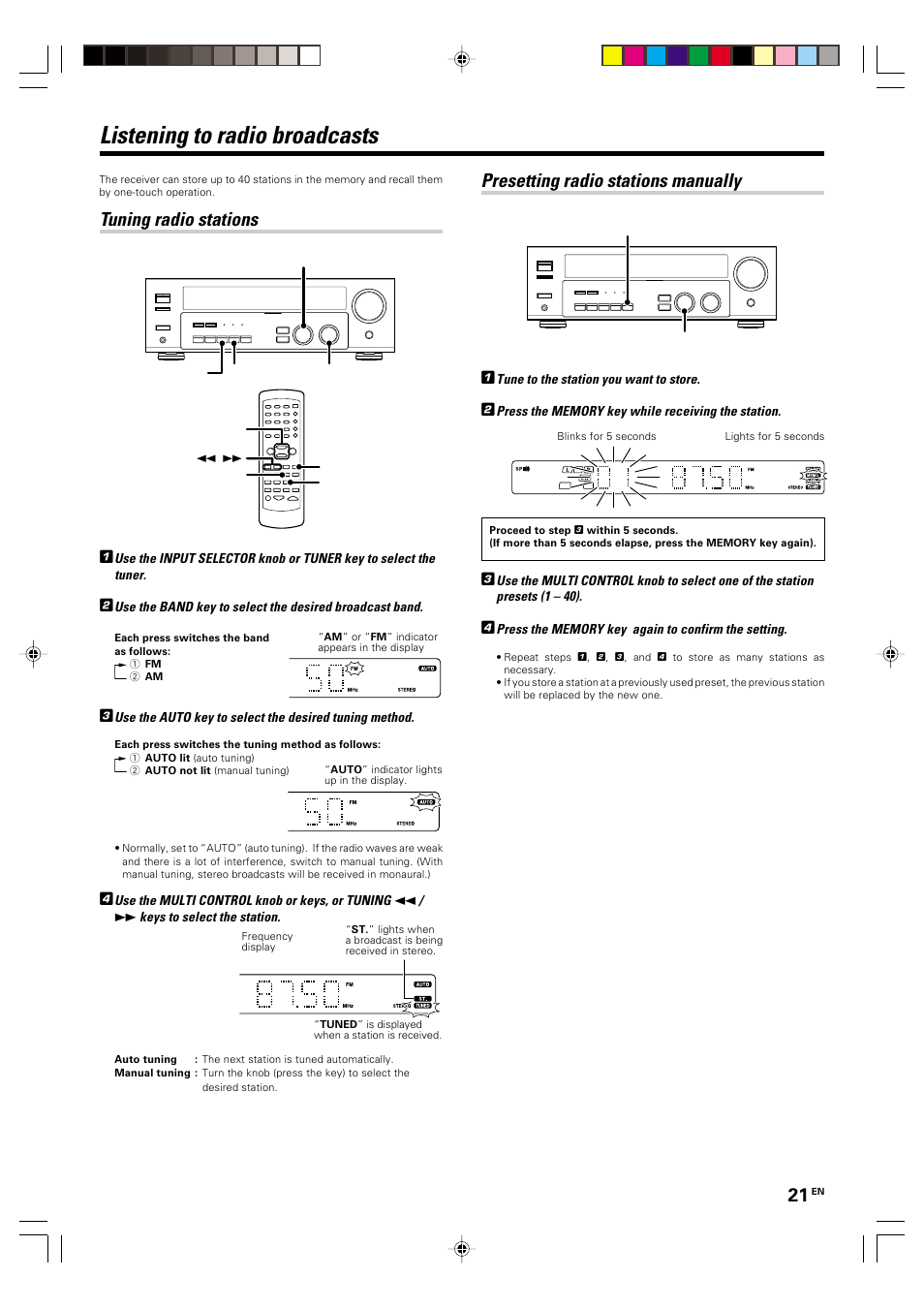 Listening to radio broadcasts, Presetting radio stations manually, Tuning radio stations | Kenwood KRF-V4070D User Manual | Page 21 / 32