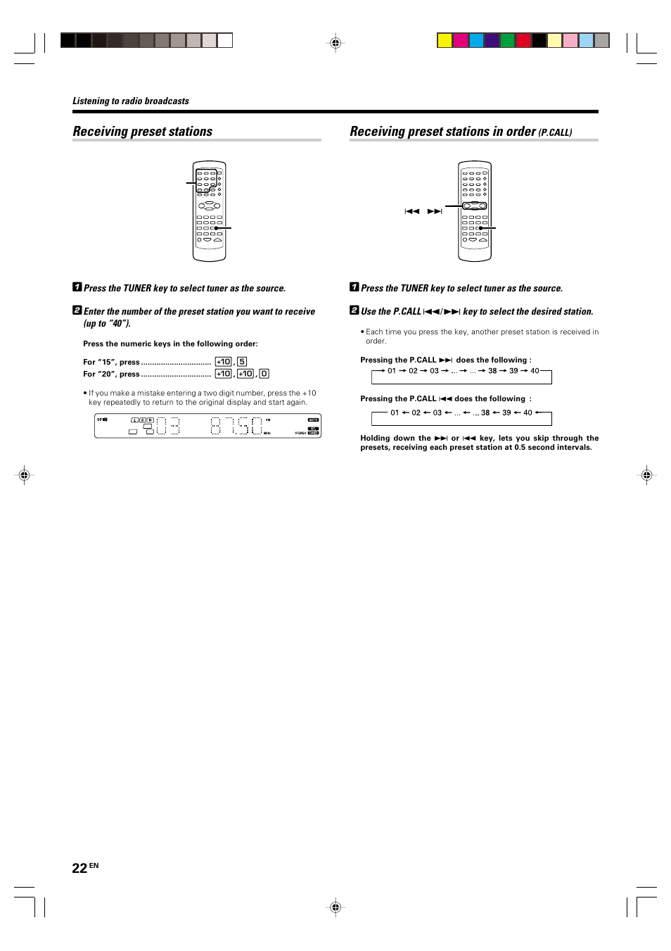 Receiving preset stations, Receiving preset stations in order | Kenwood KRF-V4070D User Manual | Page 22 / 32