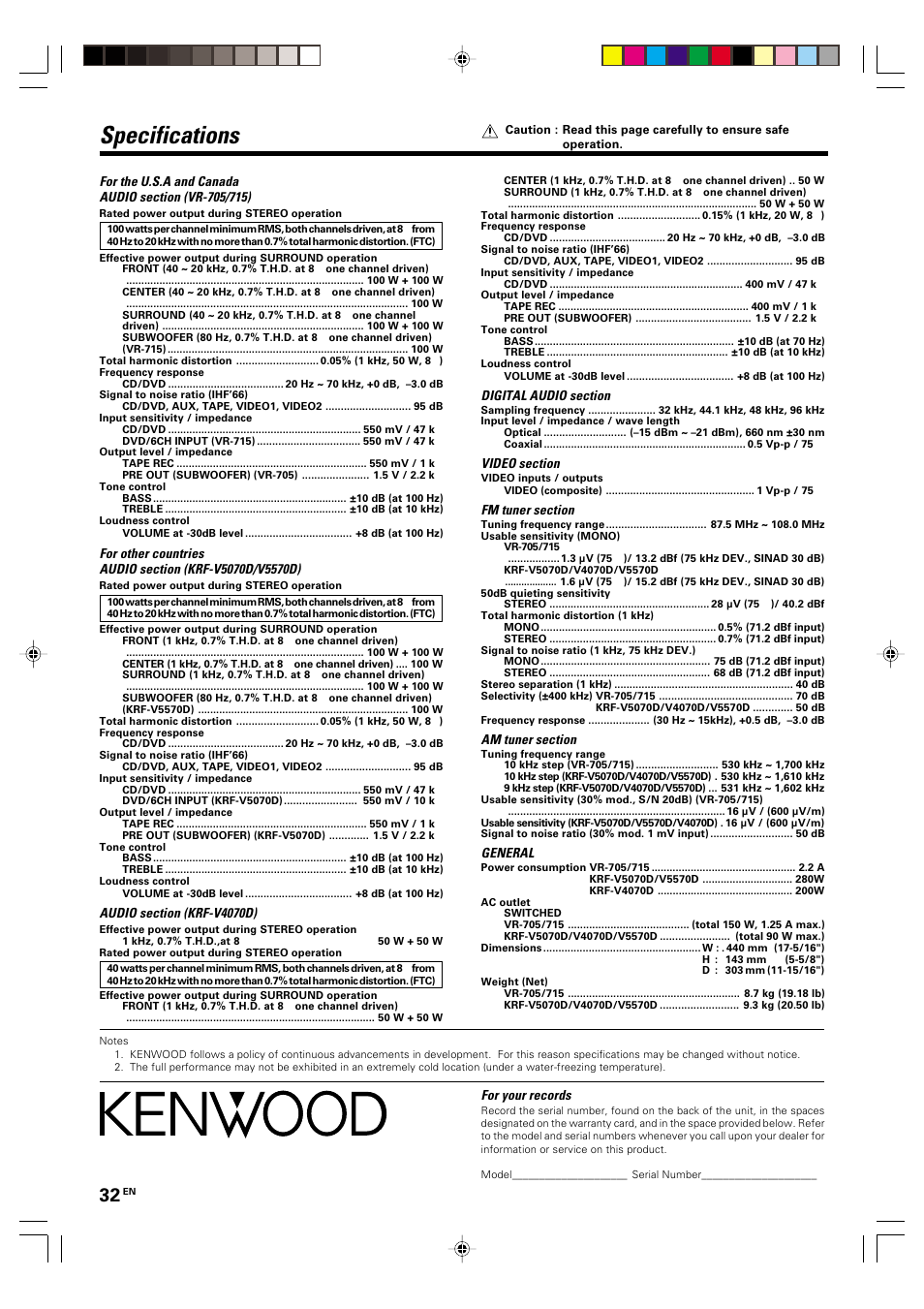 Specifications | Kenwood KRF-V4070D User Manual | Page 32 / 32