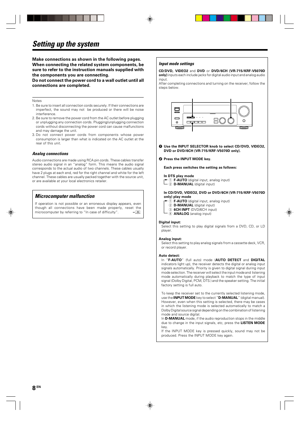 Setting up the system, Microcomputer malfunction | Kenwood KRF-V4070D User Manual | Page 8 / 32