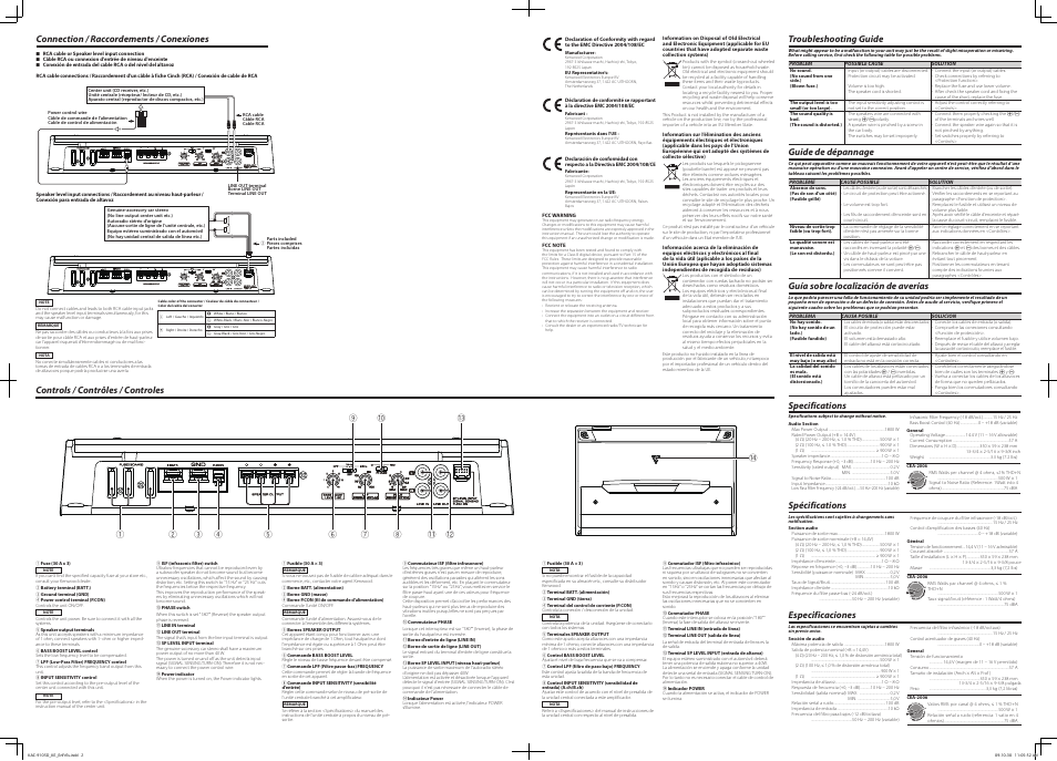 Specifications, Spécifications, Especificaciones | Troubleshooting guide, Guide de dépannage, Guía sobre localización de averías | Kenwood KAC-9105D User Manual | Page 2 / 2