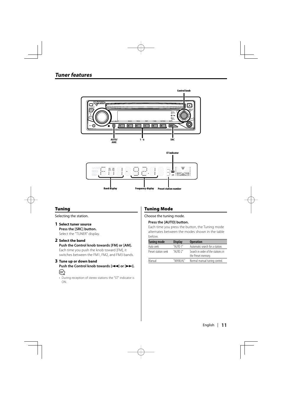 Tuner features, Tuning, Tuning mode | Kenwood KDC-MP205 User Manual | Page 11 / 96