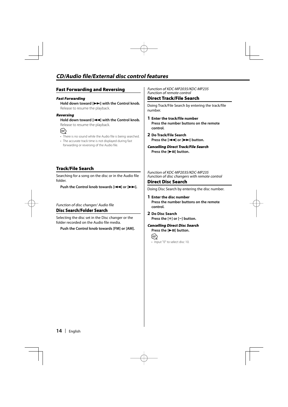 Cd/audio file/external disc control features | Kenwood KDC-MP205 User Manual | Page 14 / 96