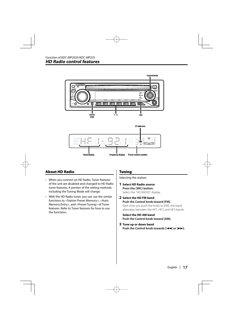 Hd radio control features, About hd radio, Tuning | Kenwood KDC-MP205 User Manual | Page 17 / 96