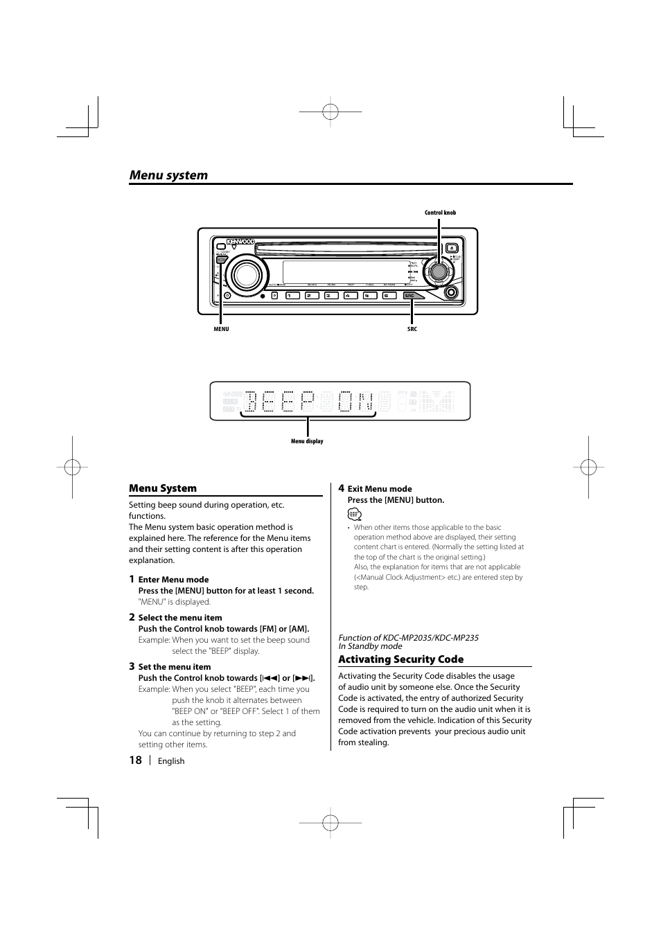 Menu system | Kenwood KDC-MP205 User Manual | Page 18 / 96