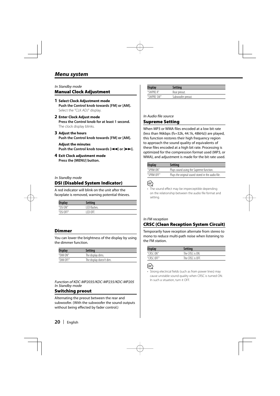 Menu system | Kenwood KDC-MP205 User Manual | Page 20 / 96