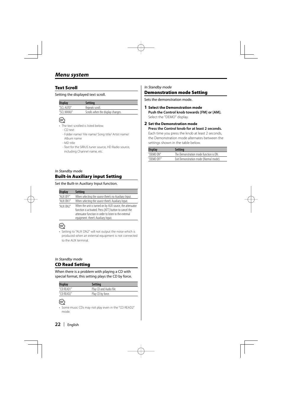 Menu system | Kenwood KDC-MP205 User Manual | Page 22 / 96