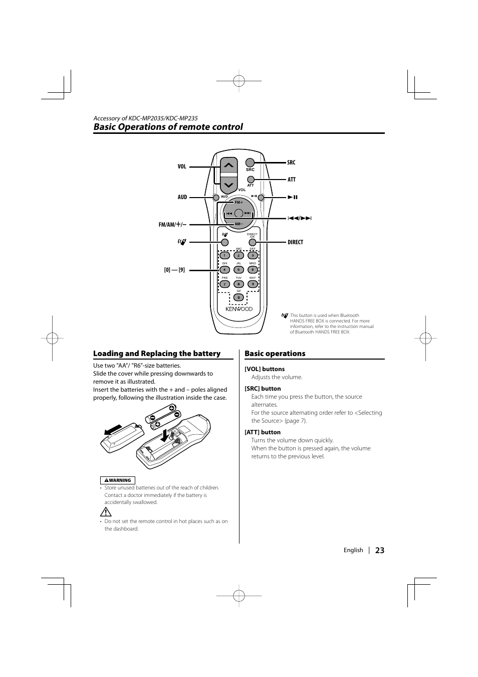 Basic operations of remote control, Loading and replacing the battery, Basic operations | Kenwood KDC-MP205 User Manual | Page 23 / 96