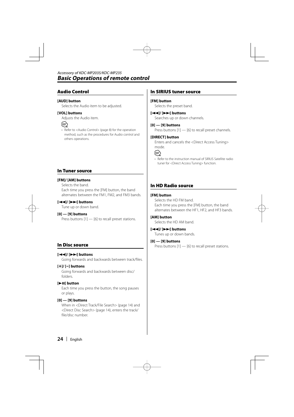 Basic operations of remote control | Kenwood KDC-MP205 User Manual | Page 24 / 96