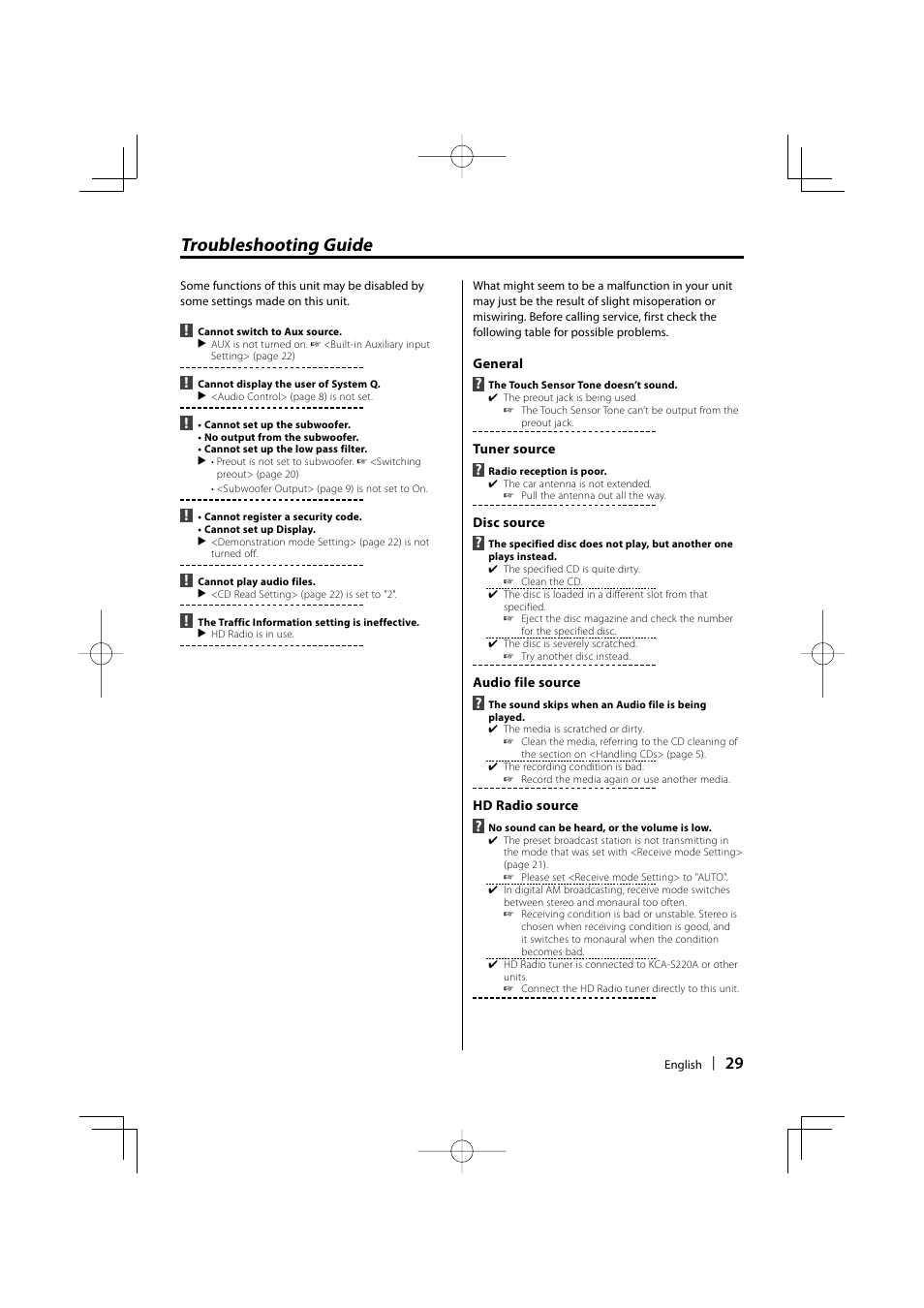 Troubleshooting guide | Kenwood KDC-MP205 User Manual | Page 29 / 96