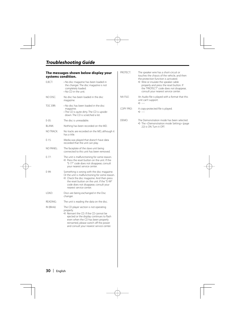 Troubleshooting guide | Kenwood KDC-MP205 User Manual | Page 30 / 96