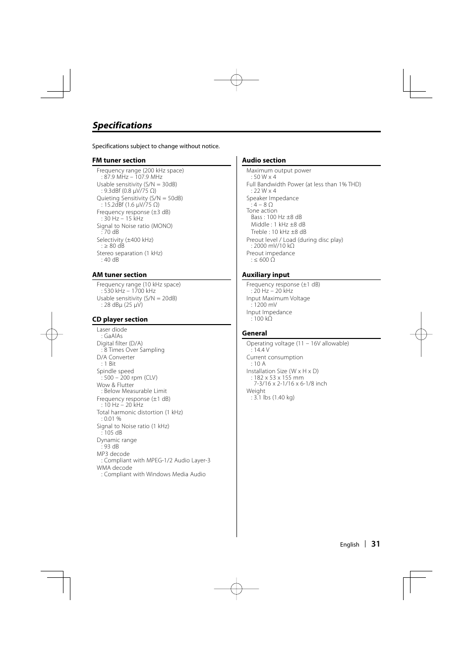 Specifications | Kenwood KDC-MP205 User Manual | Page 31 / 96