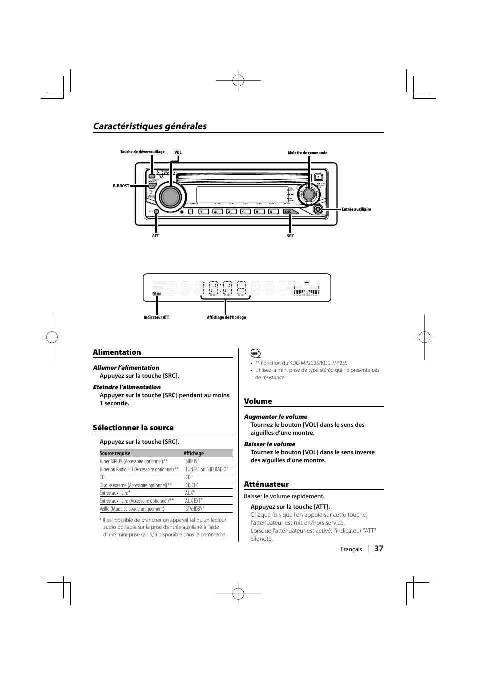 Caractéristiques générales, Alimentation, Sélectionner la source | Volume, Atténuateur | Kenwood KDC-MP205 User Manual | Page 37 / 96