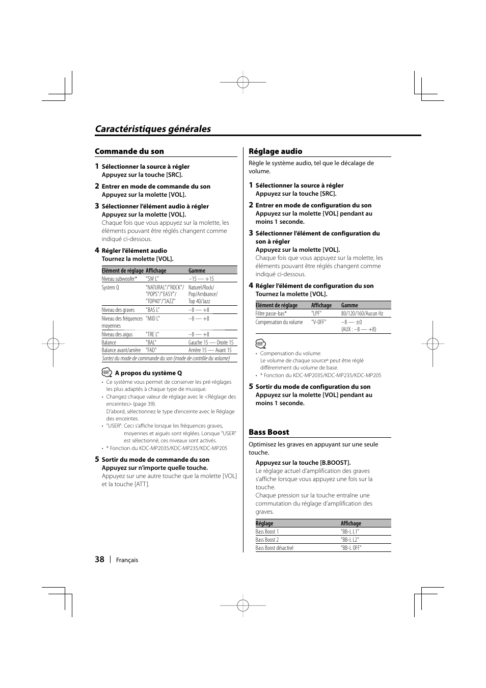 Caractéristiques générales | Kenwood KDC-MP205 User Manual | Page 38 / 96