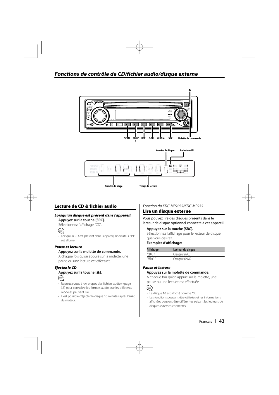 Lecture de cd & fichier audio, Lire un disque externe | Kenwood KDC-MP205 User Manual | Page 43 / 96