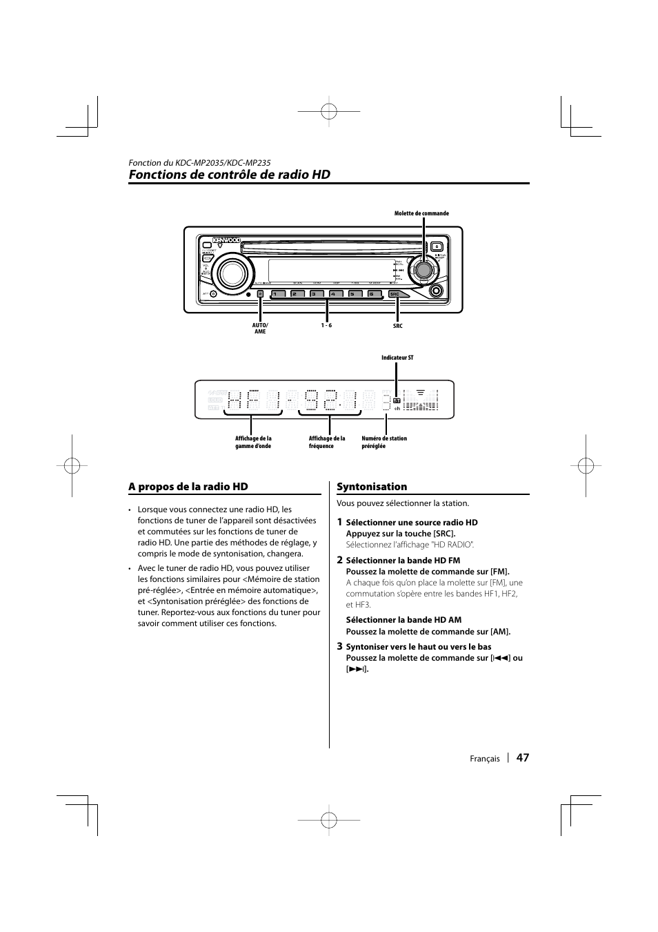 Fonctions de contrôle de radio hd, A propos de la radio hd, Syntonisation | Kenwood KDC-MP205 User Manual | Page 47 / 96