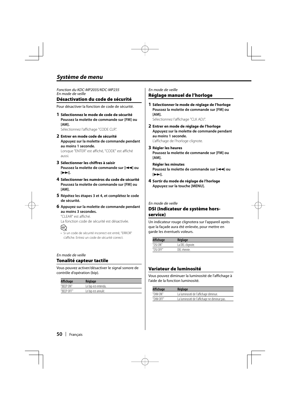 Système de menu | Kenwood KDC-MP205 User Manual | Page 50 / 96