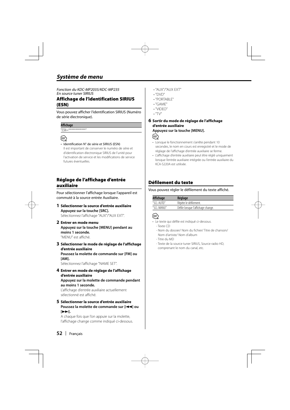 Système de menu | Kenwood KDC-MP205 User Manual | Page 52 / 96