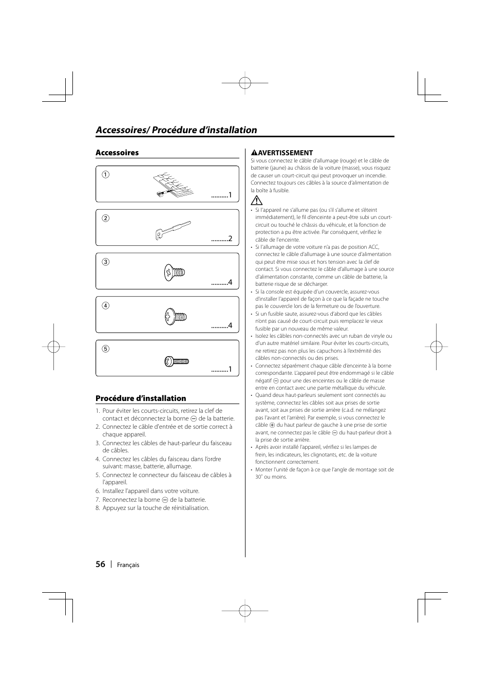 Accessoires/ procédure d’installation | Kenwood KDC-MP205 User Manual | Page 56 / 96