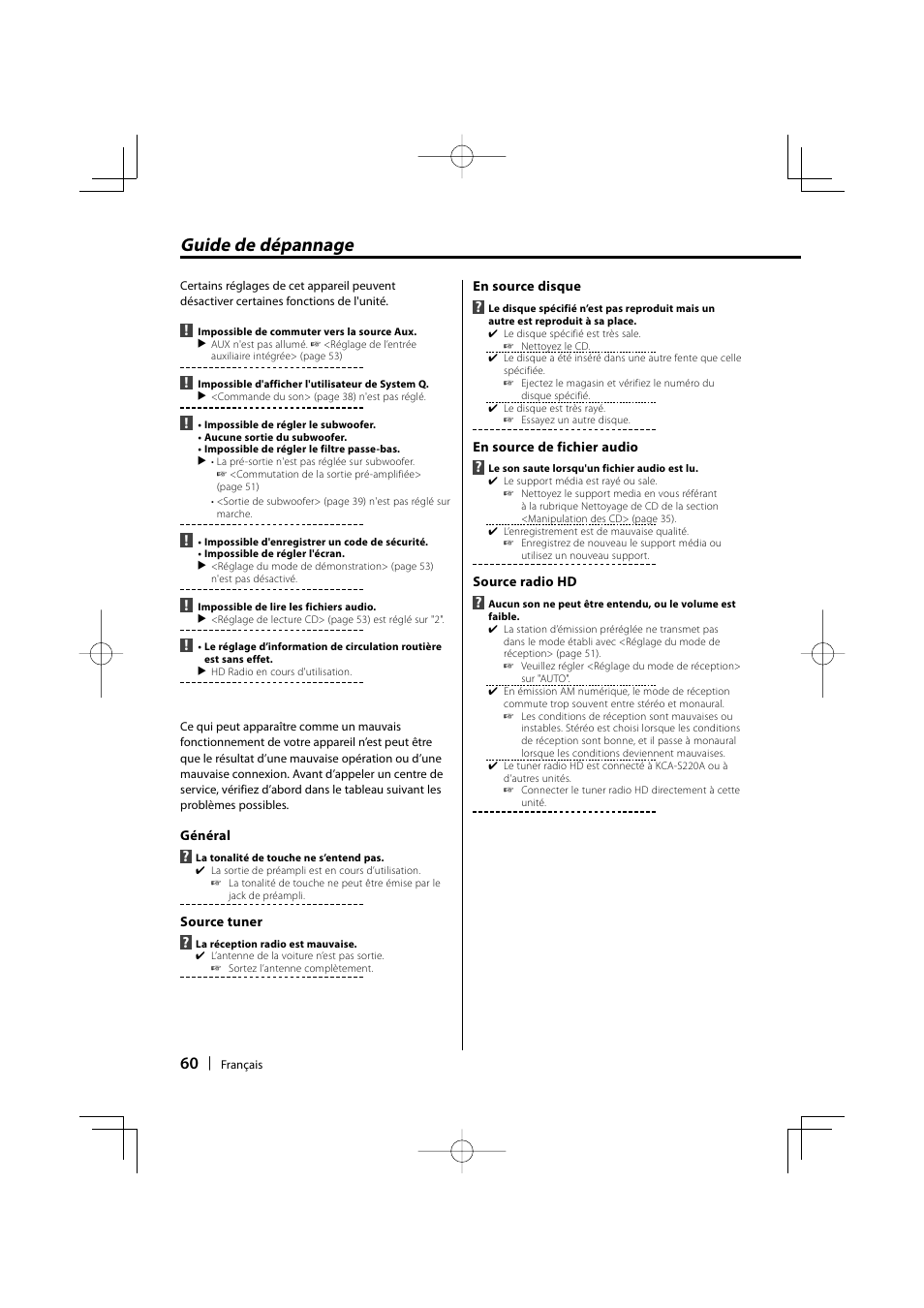 Guide de dépannage | Kenwood KDC-MP205 User Manual | Page 60 / 96