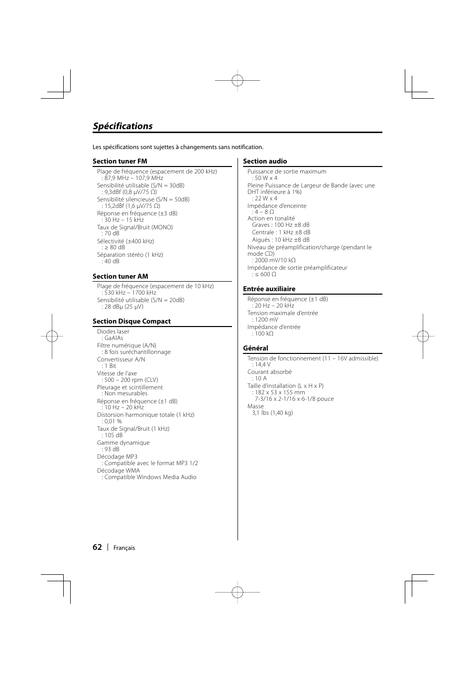 Spécifications | Kenwood KDC-MP205 User Manual | Page 62 / 96