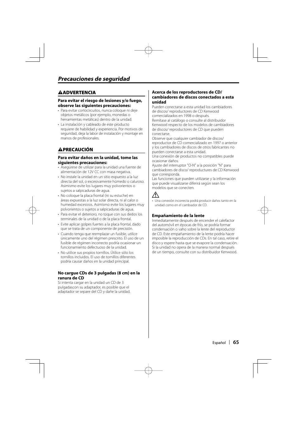 Precauciones de seguridad | Kenwood KDC-MP205 User Manual | Page 65 / 96