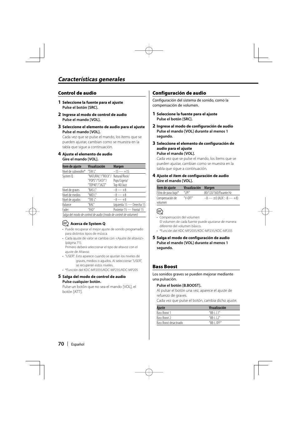 Características generales | Kenwood KDC-MP205 User Manual | Page 70 / 96