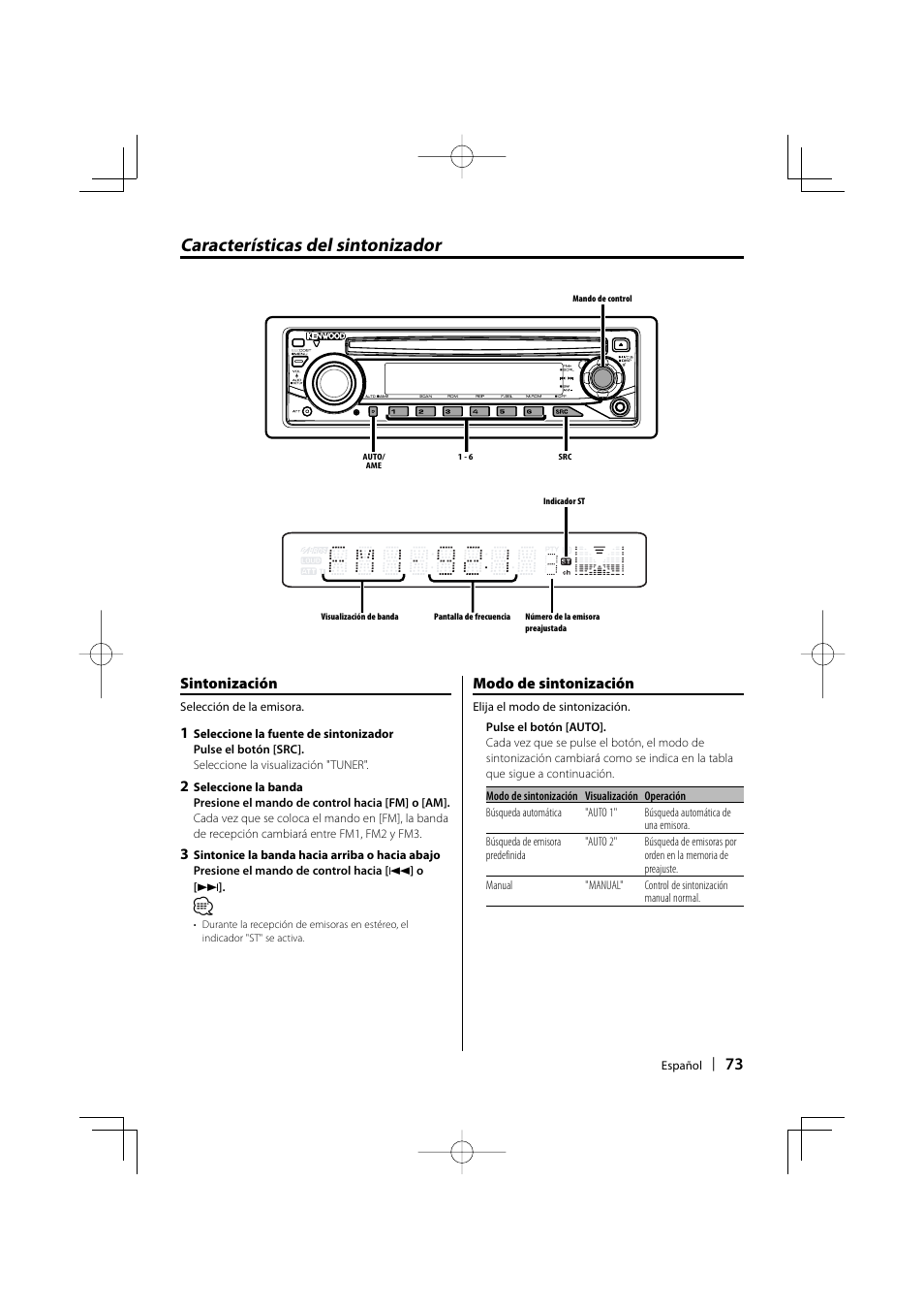 Características del sintonizador, Sintonización, Modo de sintonización | Kenwood KDC-MP205 User Manual | Page 73 / 96